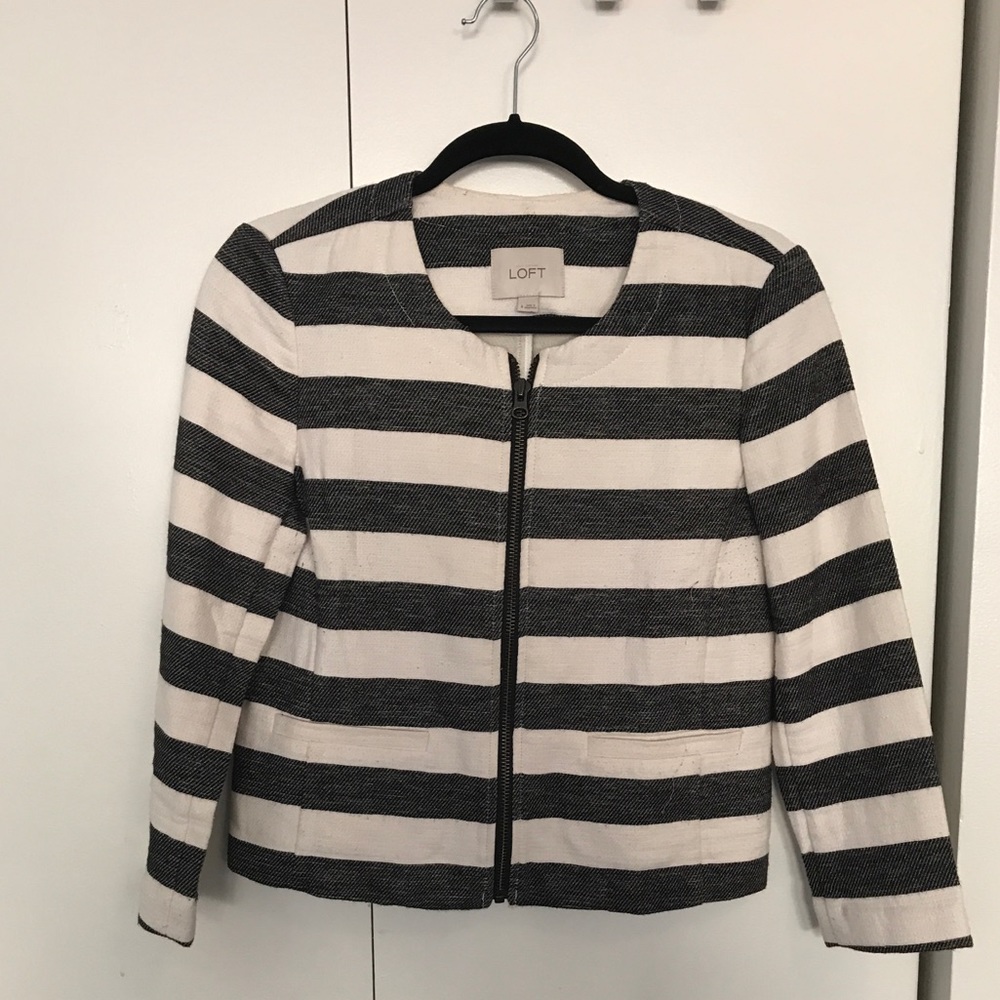 Loft Gray and White Wide Stripe Zip Up Jacket